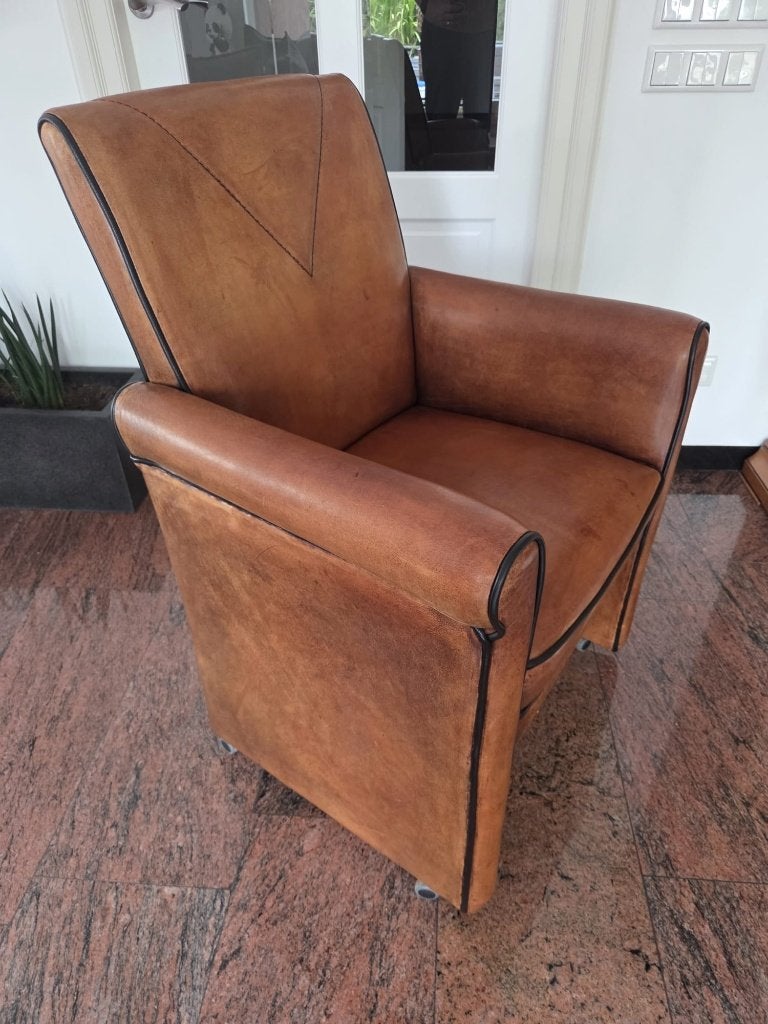 6x Art Deco stoelen - Schapenleer Cognac, Ophalen, Gebruikt, Bruin, Leer