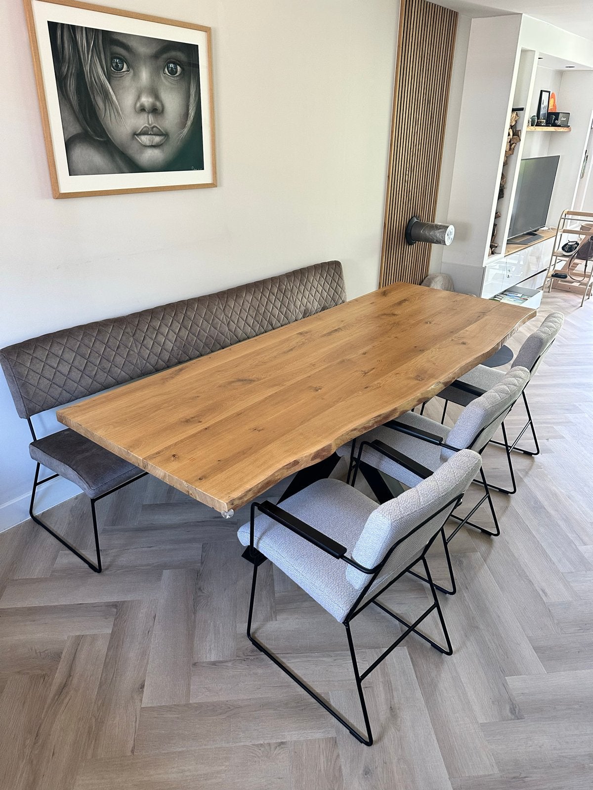 Eikenhouten boomstamtafel met stoelen en bank 240x90 cm, Ophalen, Eikenhout, 200 cm of meer, 50 tot 100 cm