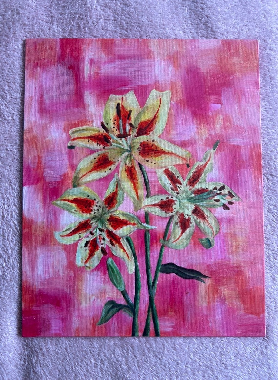 Kunstwerk schilderij bloemen lelies geel, Ophalen of Verzenden