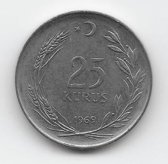 Turkije 25 kurus 1969 KM# 892.3, Verzenden, Midden-Oosten, Losse munt