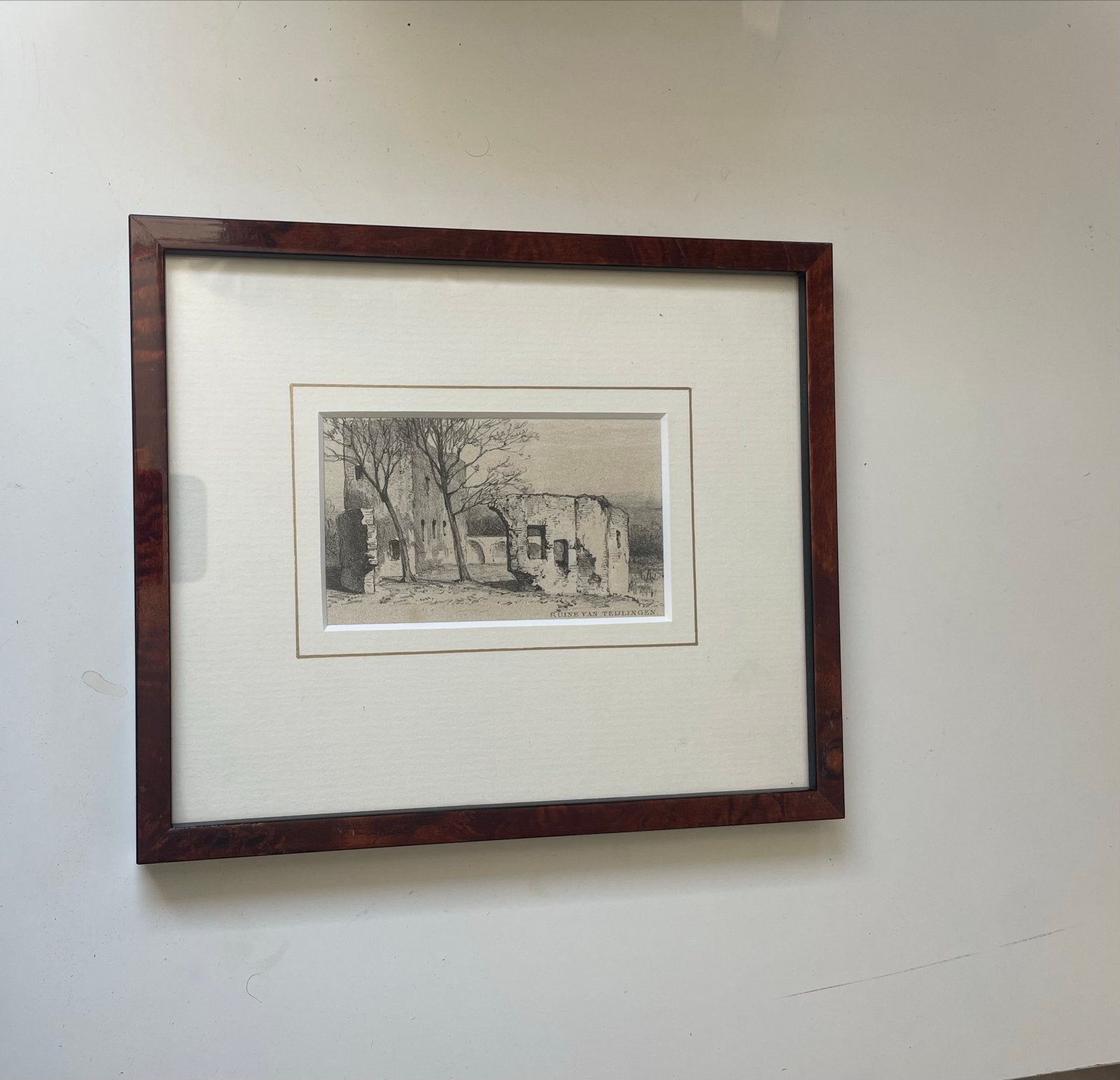 Prent Ruïne van Teylingen - Litho P.A. Schipperus, Antiek en Kunst, Ingelijst, 1800 - 1899, Architectuur, Ophalen of Verzenden
