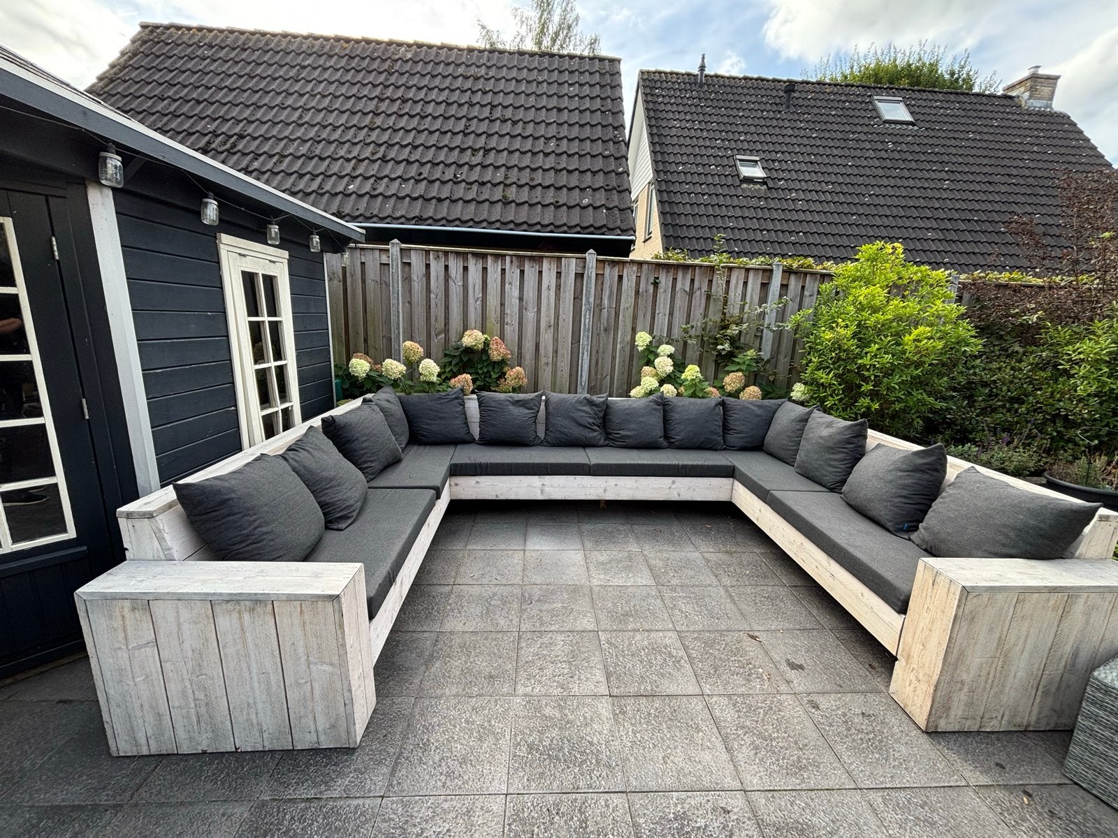Steigerhouten loungeset met kussens, Tuin en Terras, Ophalen, Gebruikt, Meer dan 8 zitplaatsen, Steigerhout