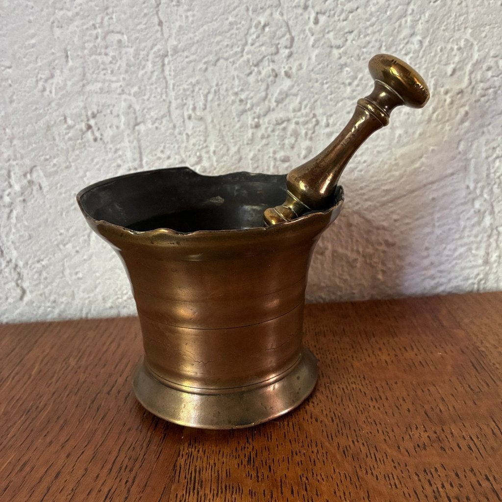 Antieke bronzen vijzel en geelkoperen stamper, Ophalen, Brons