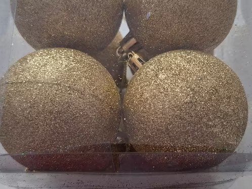4 goudkleurige kerstballen met glitter h, Diversen, Kerst, Onbekend, Ophalen of Verzenden, Zo goed als nieuw, Losse verkoop