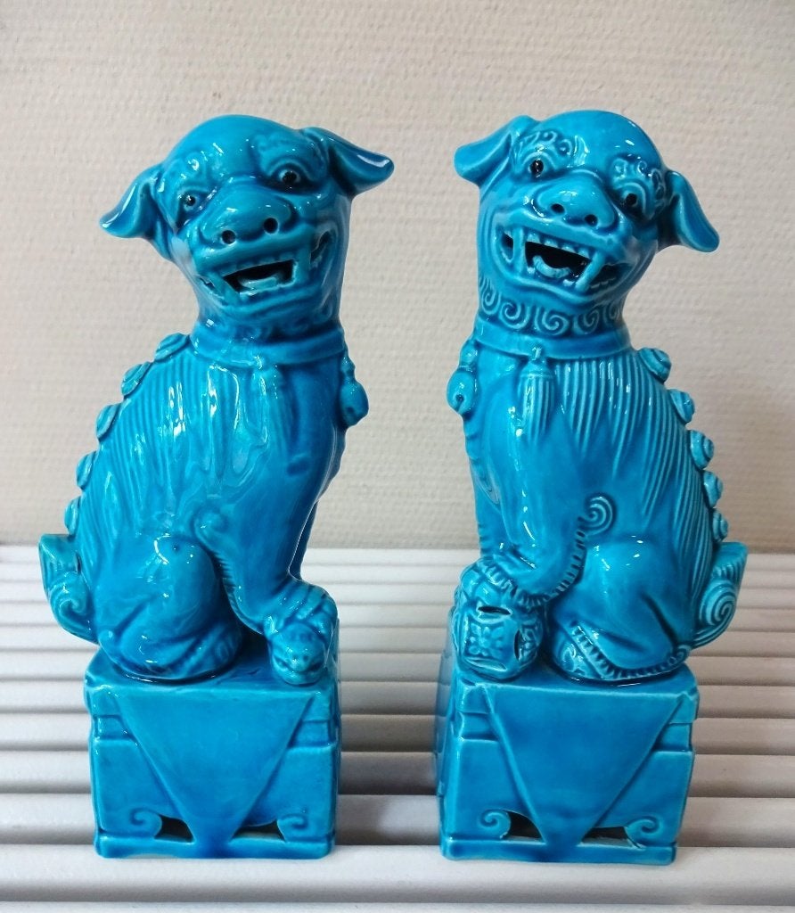 Vintage Chinees turquoise keramiek Foo Dogs / tempelleeuwen, Steen/keramiek, Blauw, Ophalen of Verzenden, 15 cm