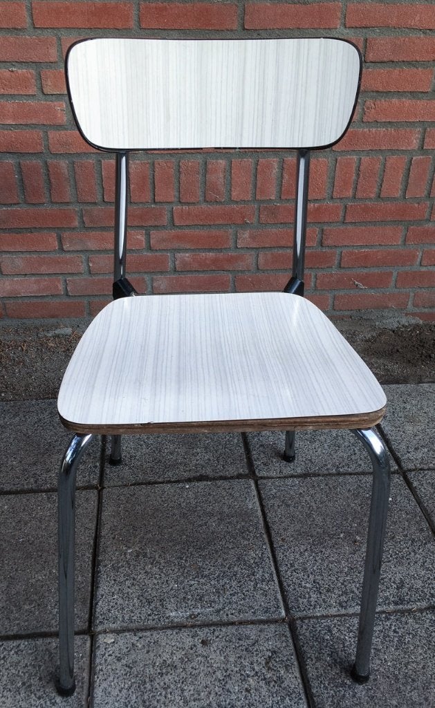 grijs witte retro formica stoel met rvs frame, Huis en Inrichting, Ophalen, Gebruikt, Metaal, Retro