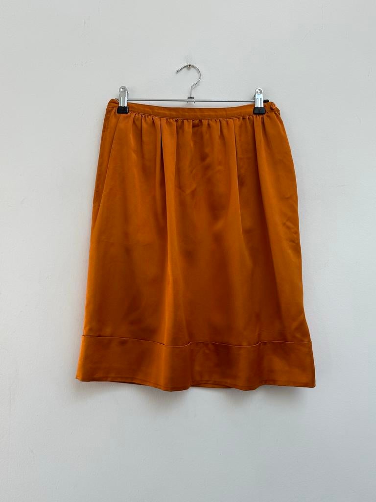 Dries Van Noten Zijden Midi Rok - Cognac - Maat 36 (S), Kleding | Dames, Bruin, Ophalen of Verzenden, Maat 36 (S), Gedragen