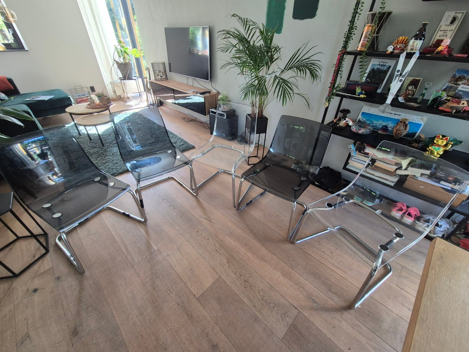 5 moderne transparante eetkamerstoelen of kantoorstoelen, Overige kleuren, Modern, Transparant, Ophalen of Verzenden, Zo goed als nieuw