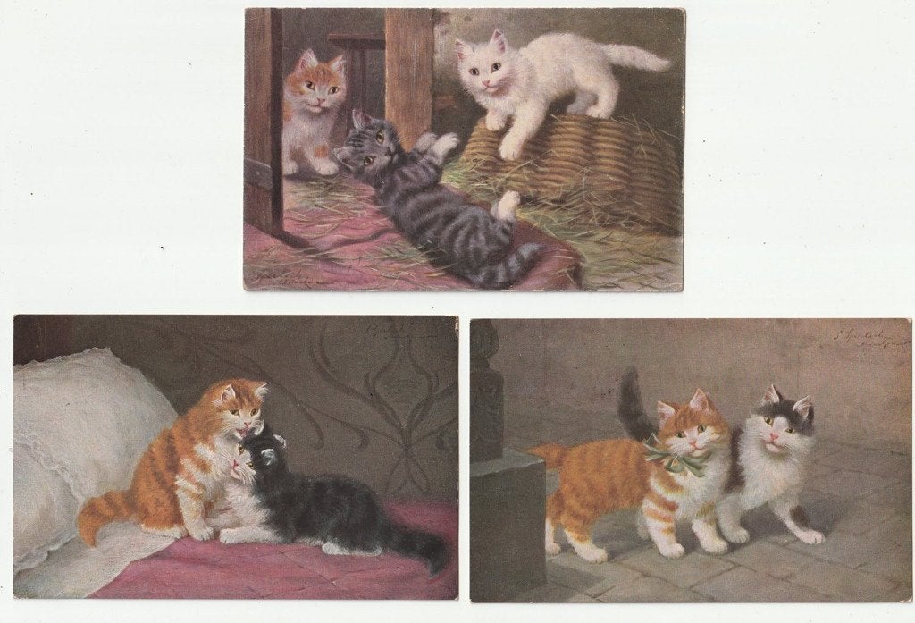 Sophie Sperlich 3 ansichtkaarten katten poesen, Verzamelen, Verzenden, 1920 tot 1940, Gelopen, Hond of Kat