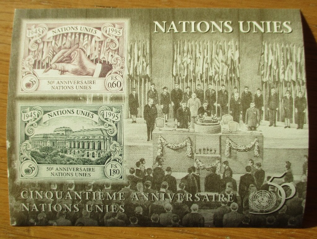 VN Genève, blokje 50 jaar Verenigde Naties, 1995, Ophalen of Verzenden, Overige landen, Postfris