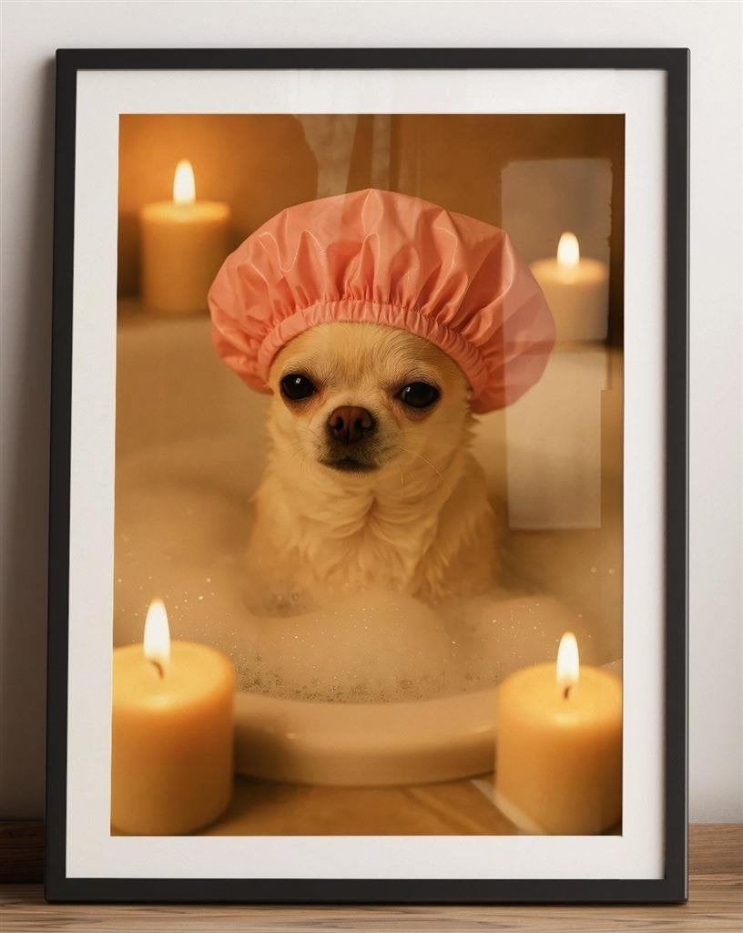 Grappig cute chihuahua hond in bubbelbad affiche poster, Verzenden
