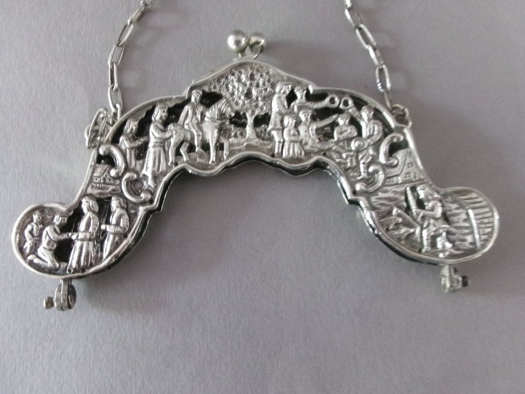 Zilveren beugel  tas ,Bijbelse  voorstelling. verloren zoon, Antiek en Kunst, Verzenden, Zilver