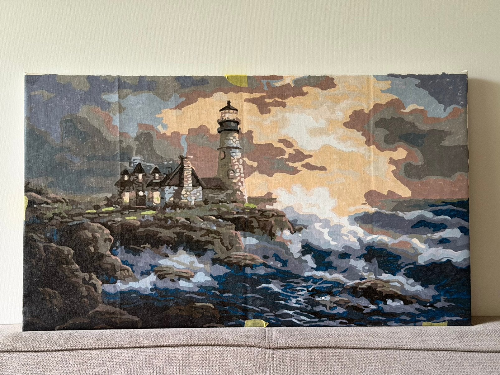 Handgeschilderd schilderij vuurtoren aan zee – 40x70 cm, Ophalen of Verzenden
