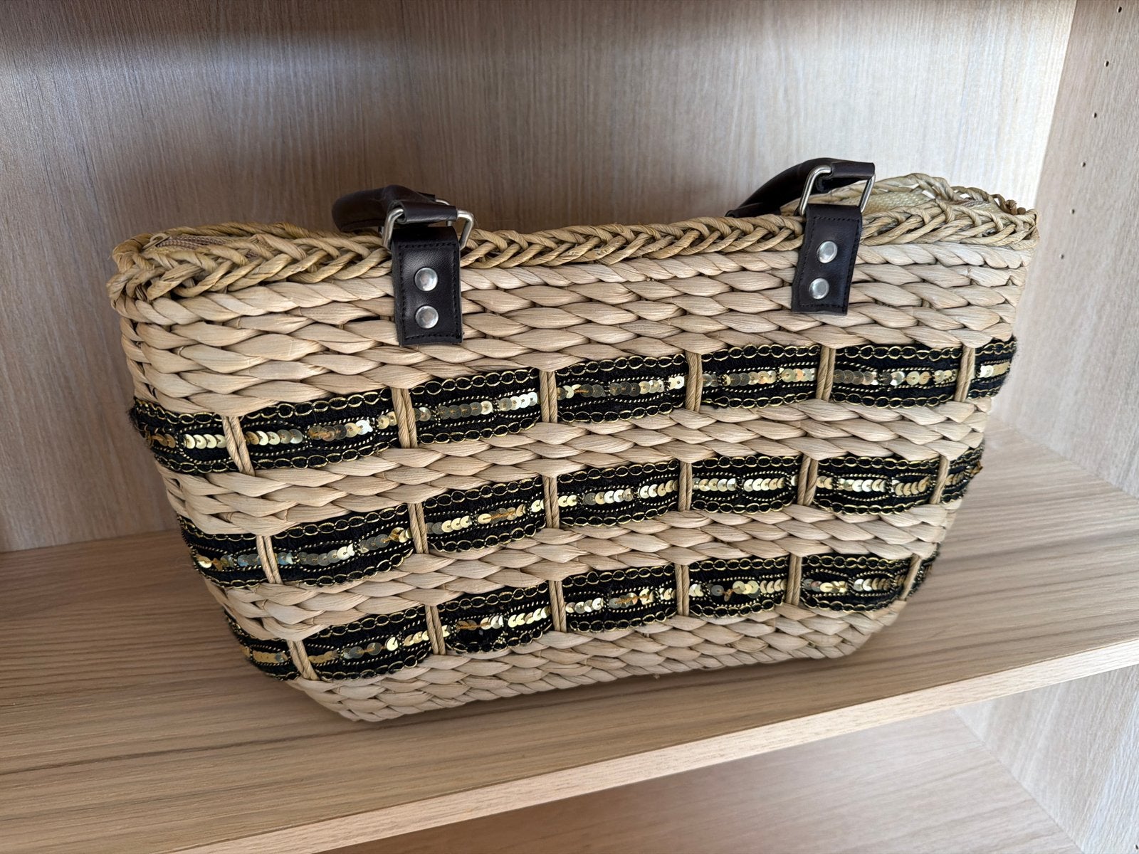 Stro tas met pailletten, Ophalen of Verzenden, Gebruikt, Beige, Shopper
