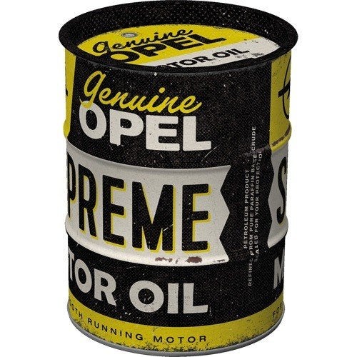 Opel Supreme motor oil reclame spaarpot van metaal deco, Ophalen of Verzenden, Nieuw, Auto's