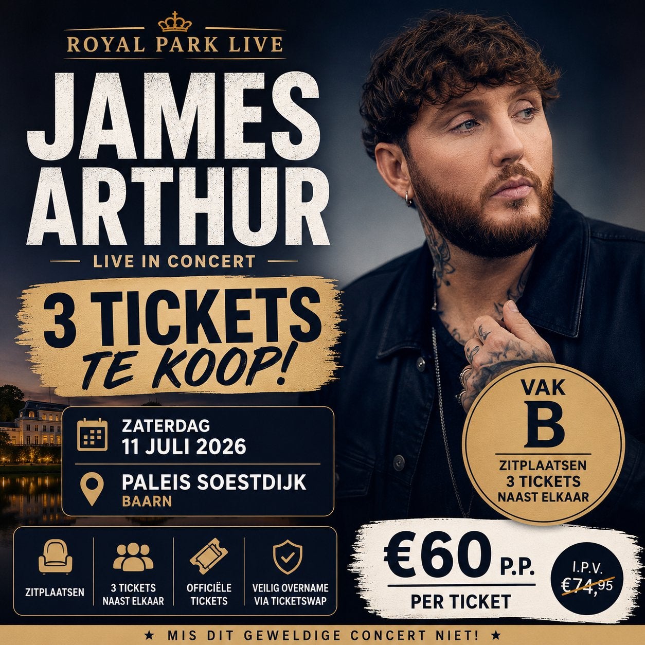 Tickets James Arthur 11 juli 2026, Tickets en Kaartjes, Drie personen of meer, Juli