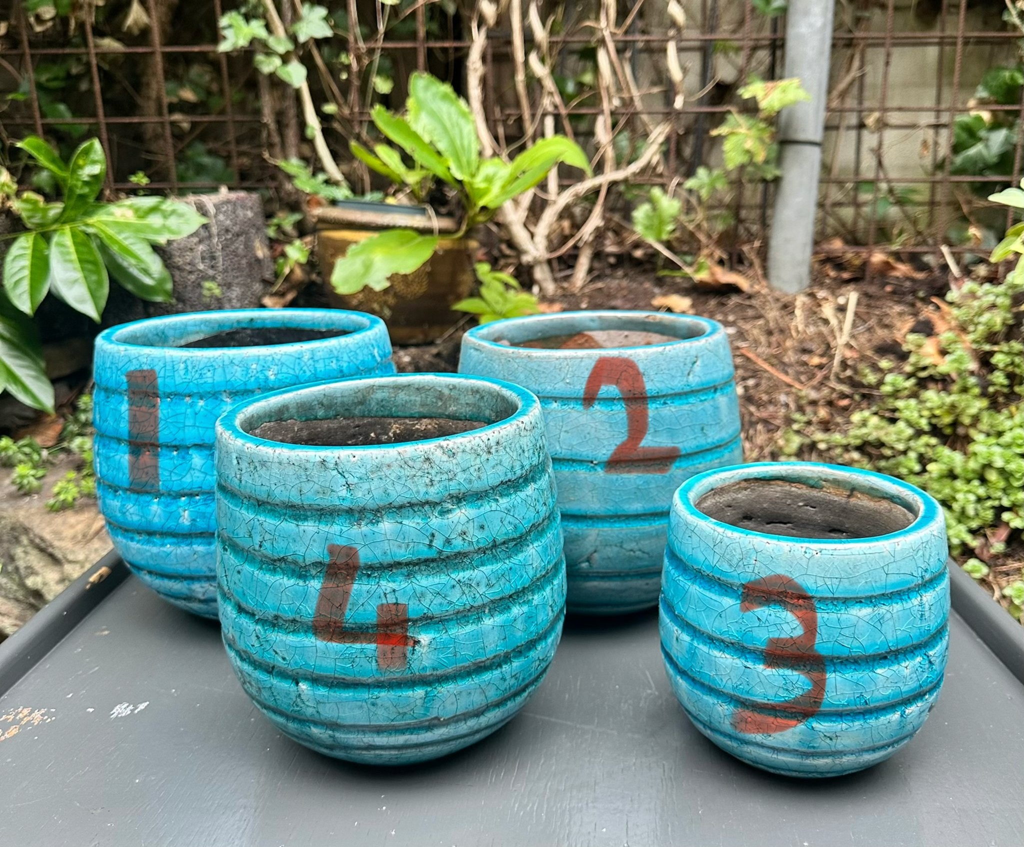 Set van 4 turquoise bloempotten met craquelé-effect, Gebruikt, Rond, Ophalen of Verzenden, Balkon