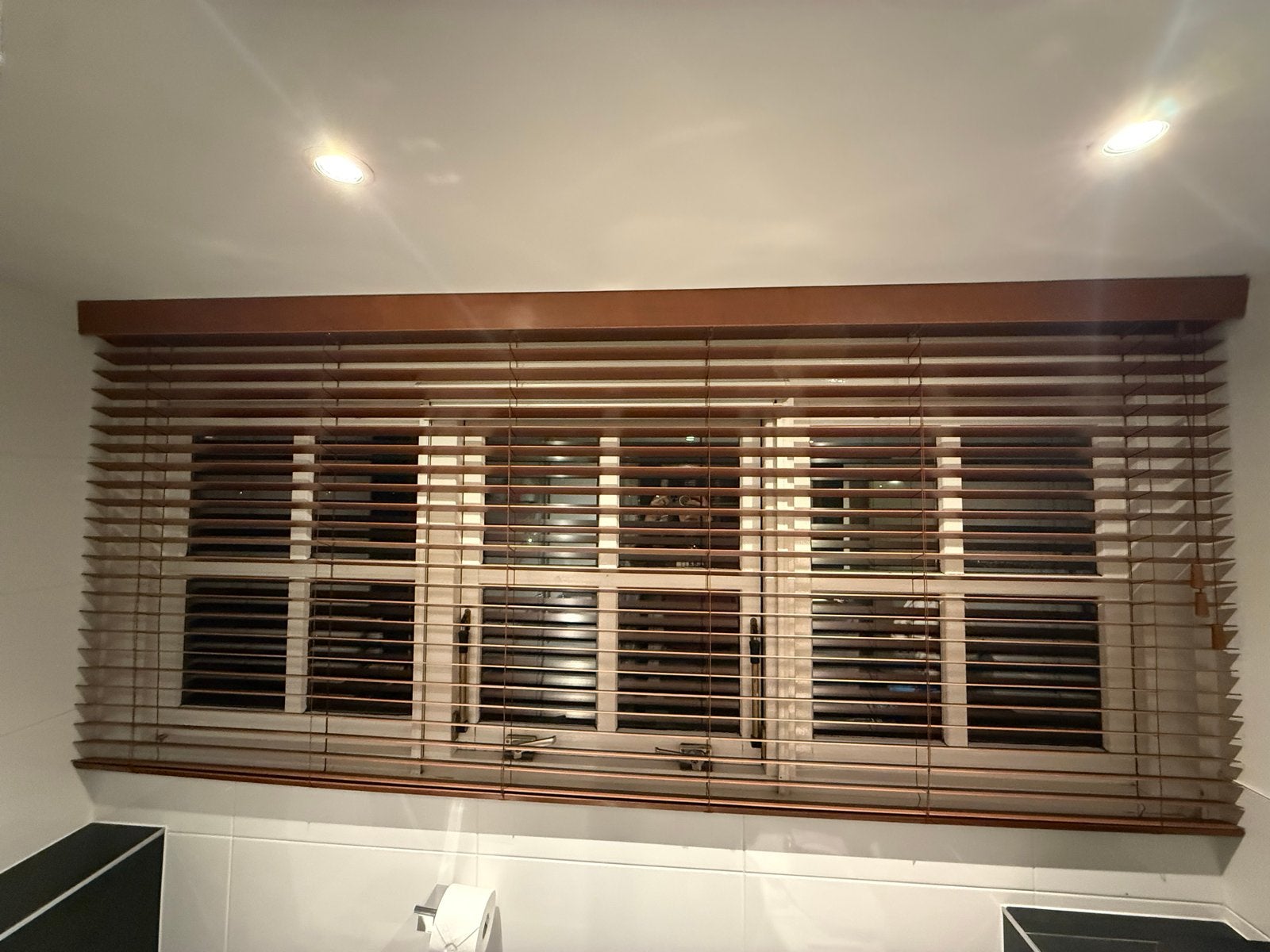 Houten jaloezieën 252x112 cm, Ophalen, Jaloezie, Gebruikt, Bruin