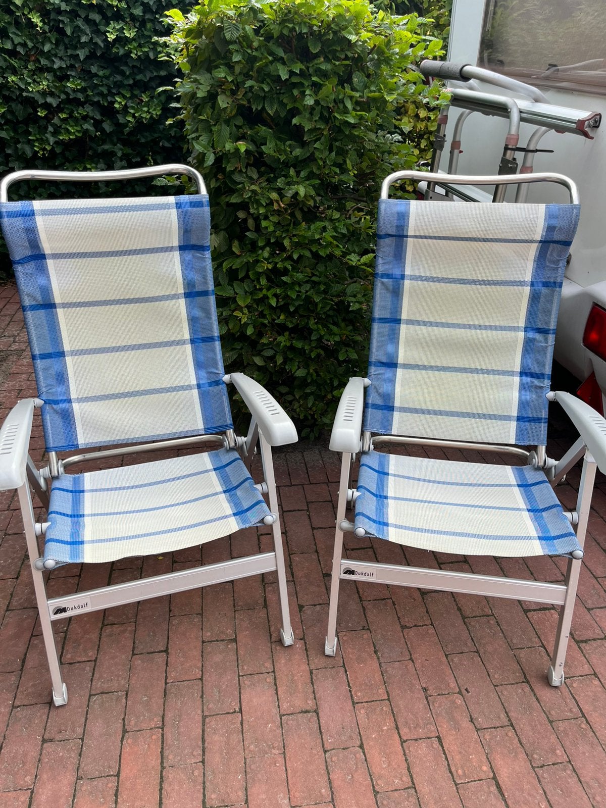 2 Dukdalf campingstoelen met voetensteun, Ophalen, Gebruikt