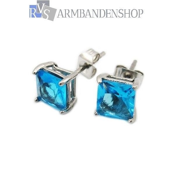 Rvs edelstaal oorbellen met saffier blauwe steen., Overige materialen, Blauw, Nieuw, Ophalen of Verzenden