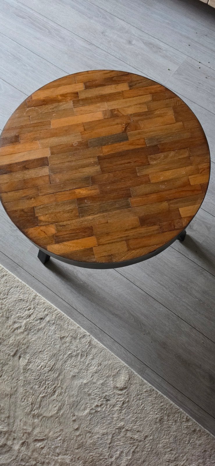 Ronde salontafel met houten blad en metalen poten, Huis en Inrichting, Gebruikt, 50 tot 100 cm, Rond, 50 tot 100 cm