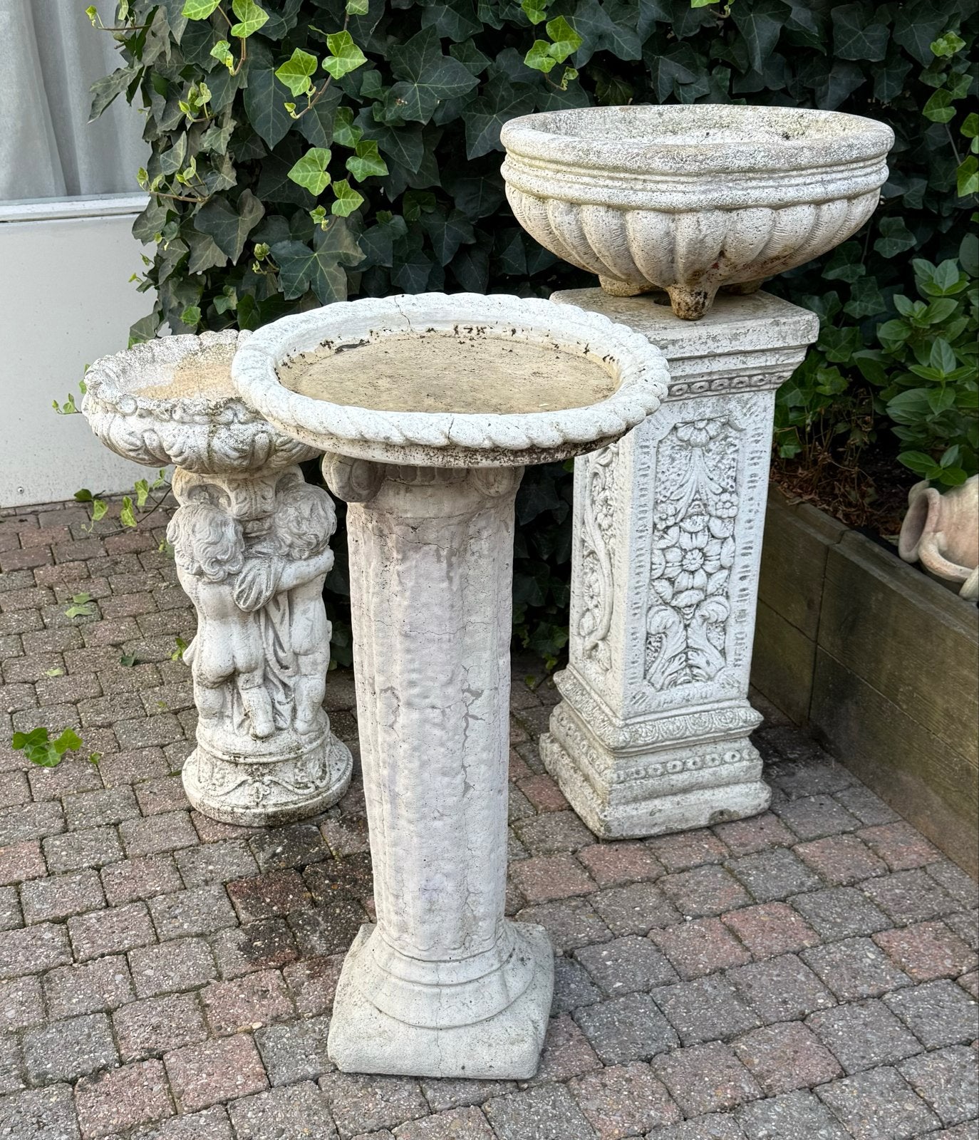 Set van 3 stenen sokkels met vogelbad voor de tuin, Ophalen, Gebruikt, Steen, Overige typen