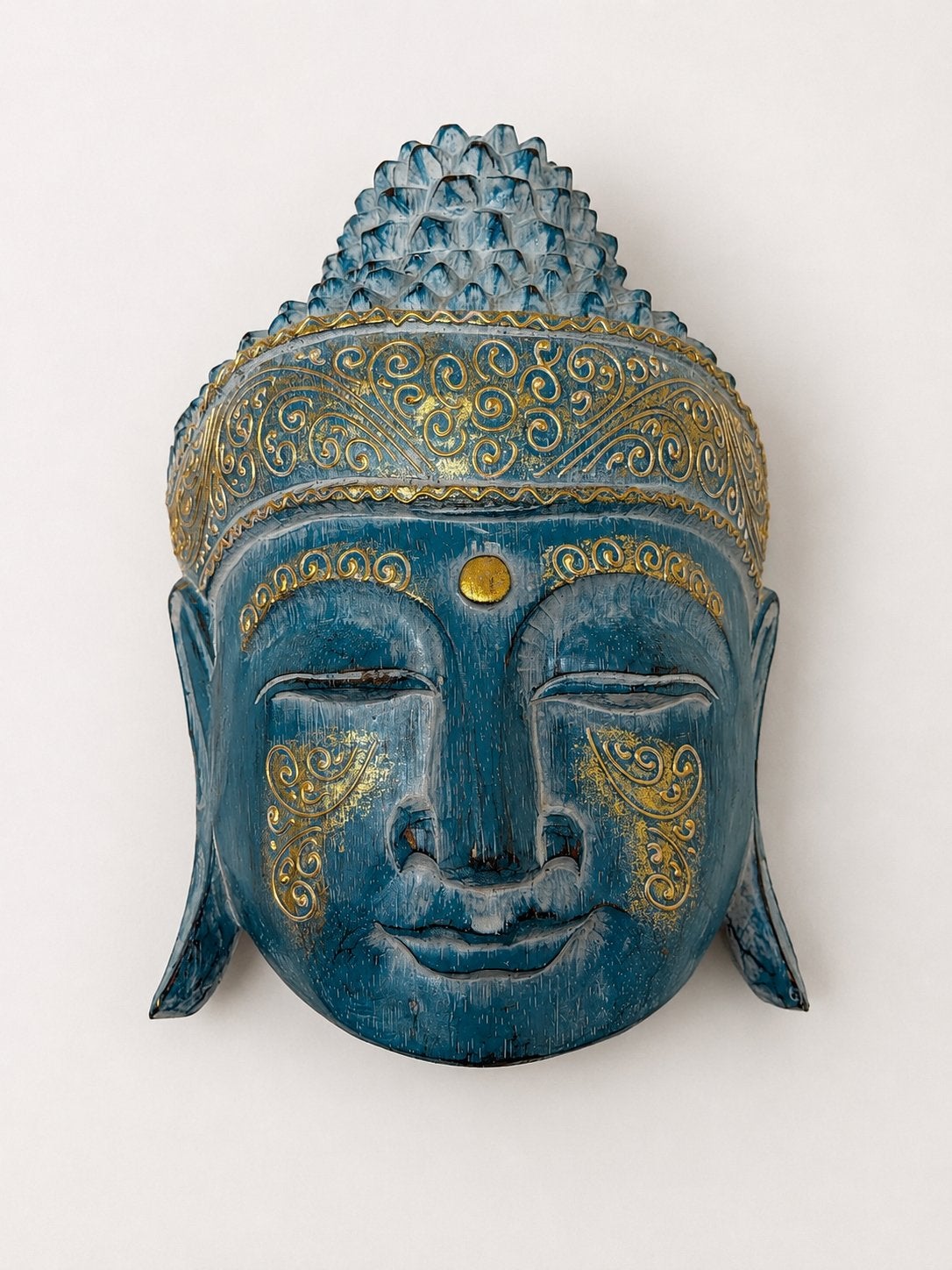 Houten Boeddha wandmasker Bali 31 cm handgemaakt blauw/goud, Blauw, Gebruikt, Handgemaakt, Ophalen of Verzenden