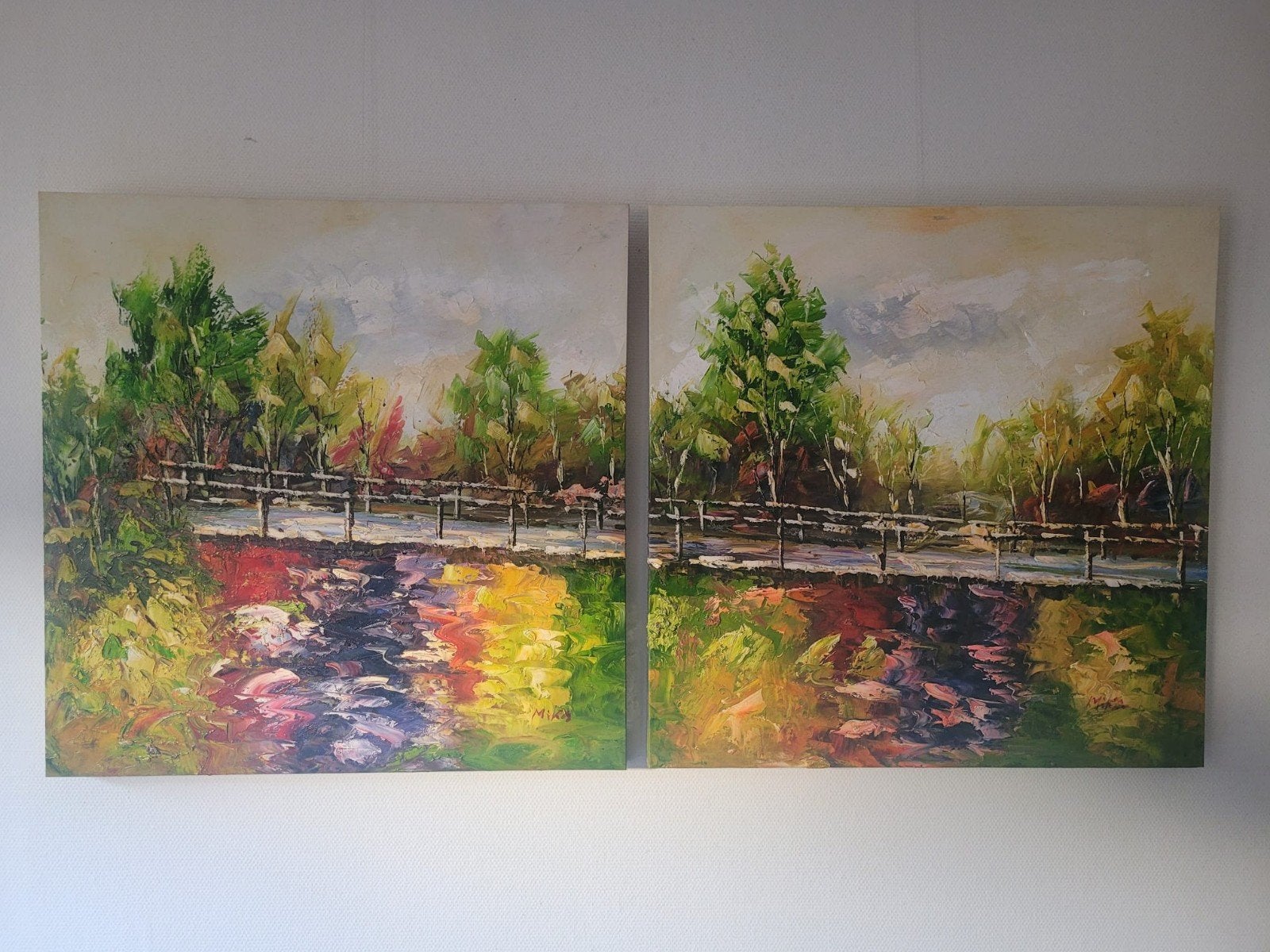 Mika Schilderij: Landschap met brug en reflectie, Antiek en Kunst, Ophalen
