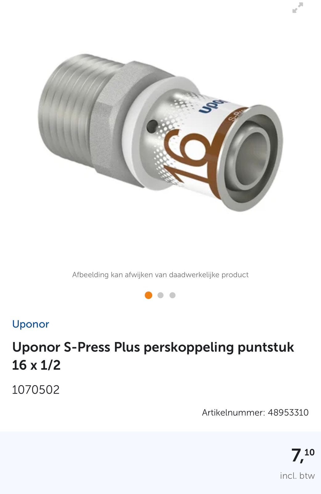 Uponor S-Press Plus perskoppeling puntstuk 16 x 1/2 1070502, Ophalen, Nieuw, Overige typen