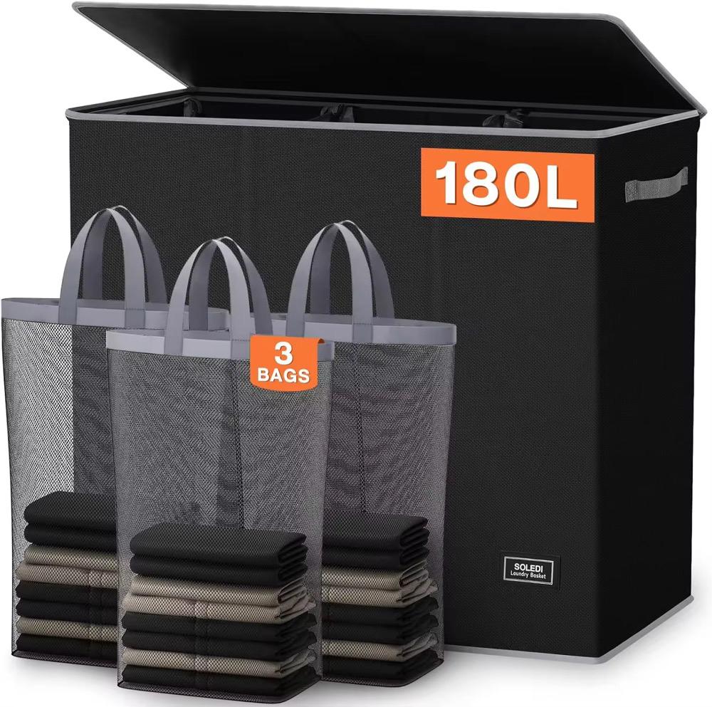 SOVERDI Wasbox 180L met 3 uitneembare waszakken, Zwart, Nieuw, Ophalen of Verzenden, Modern