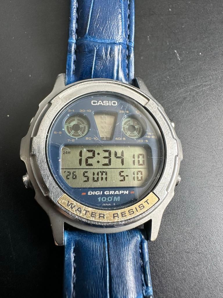 Vintage Casio DGW-300 Digi Graph Herenhorloge - Blauw Leer, Verzenden, Staal, Polshorloge