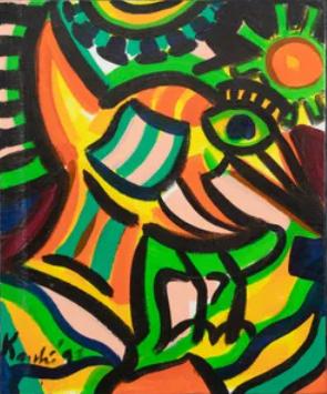 doek 60 x 50 cm ==Jacob Kanbier 1949-2020 ==paradijsvogel, Antiek en Kunst, Kunst | Schilderijen | Modern, Ophalen of Verzenden