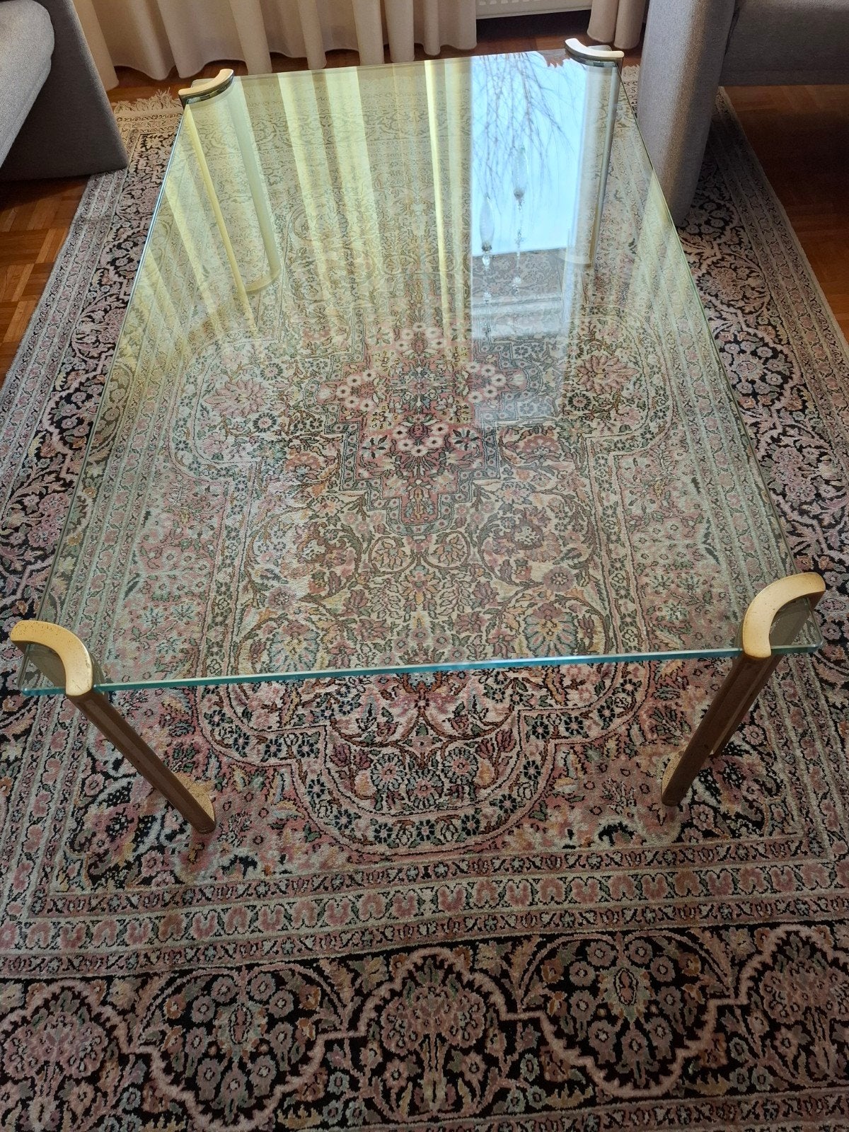 Salontafel met bijzettafel - Glazen blad. Bronzen poten, Ophalen, Rechthoekig, 100 tot 150 cm, 50 tot 100 cm