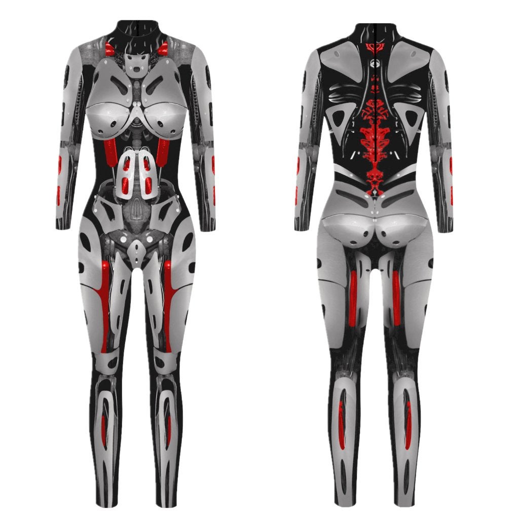 Dames catsuit 13 bodysuit robot rood zilveren sexy jumpsuit, Verzenden, Maat 42/44 (L), Nieuw, Overige thema's