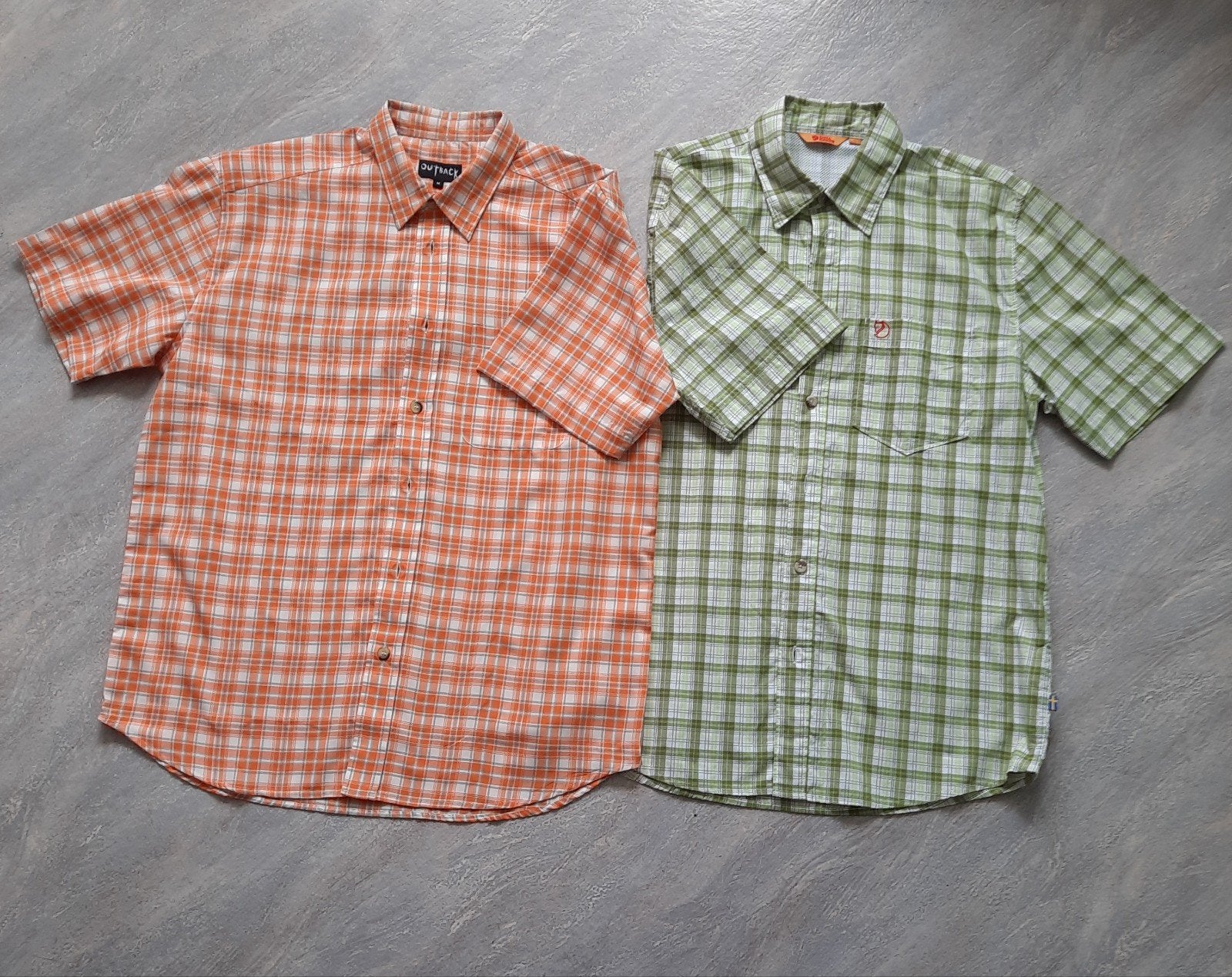 2 geruite overhemden: Outback (oranje) & Fjällräven (groen), Ophalen, Oranje, Halswijdte 39/40 (M), Outback, Fjällräven