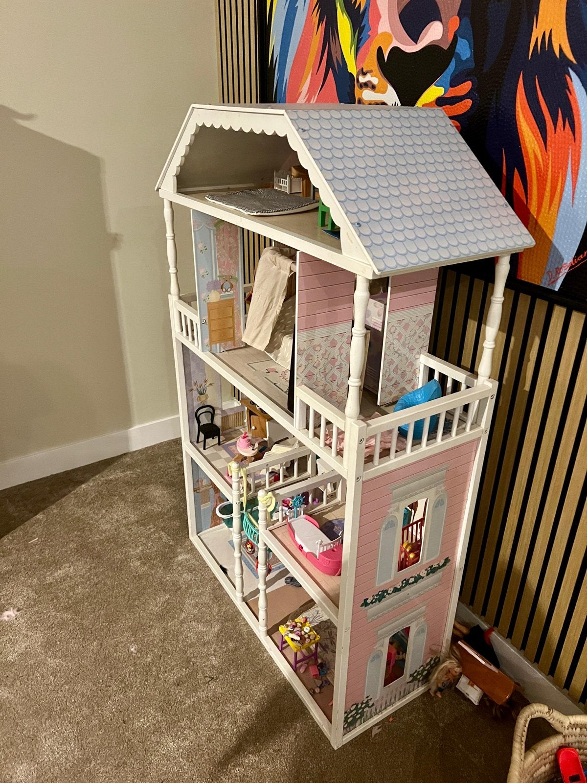 Groot wit houten poppenhuis - Compleet ingericht, Verzenden, Zo goed als nieuw, Poppenhuis