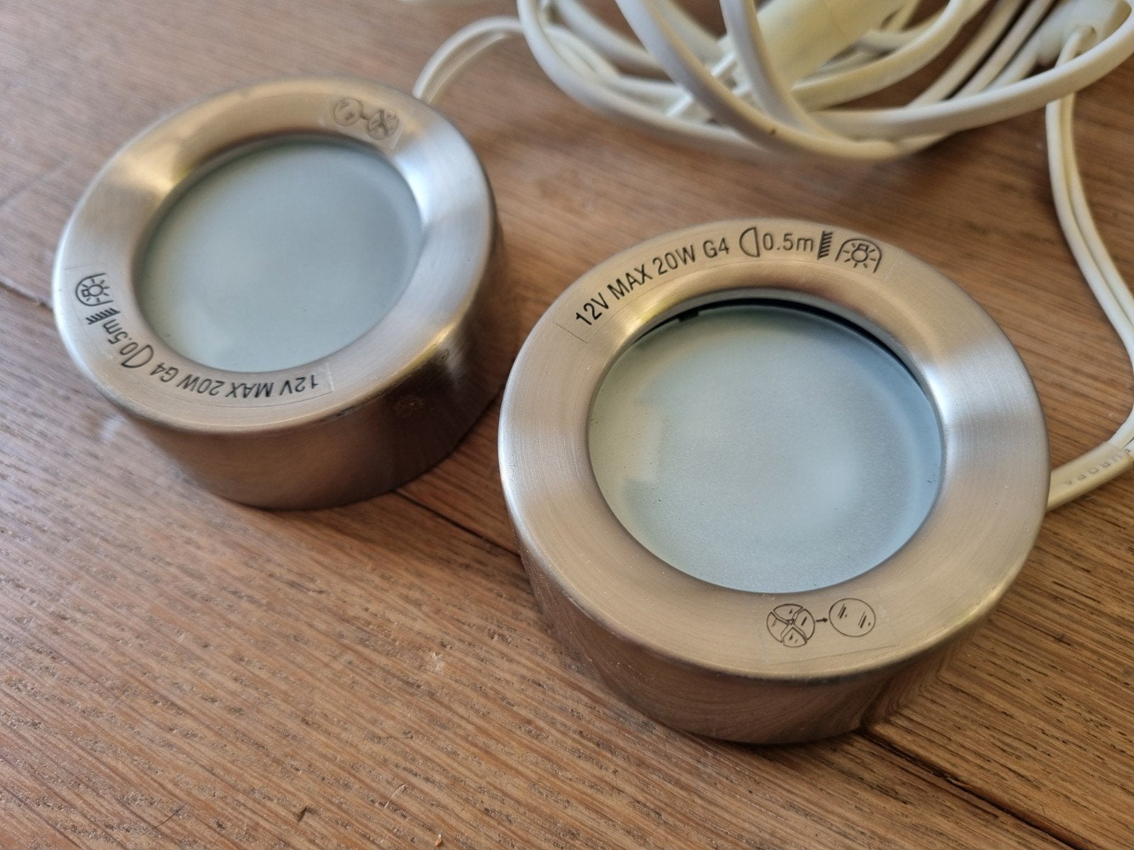 Set 2x RVS opbouwspots 20W met trafo € 5,-, Halogeen, Opbouwspot, Ophalen of Verzenden, Zo goed als nieuw