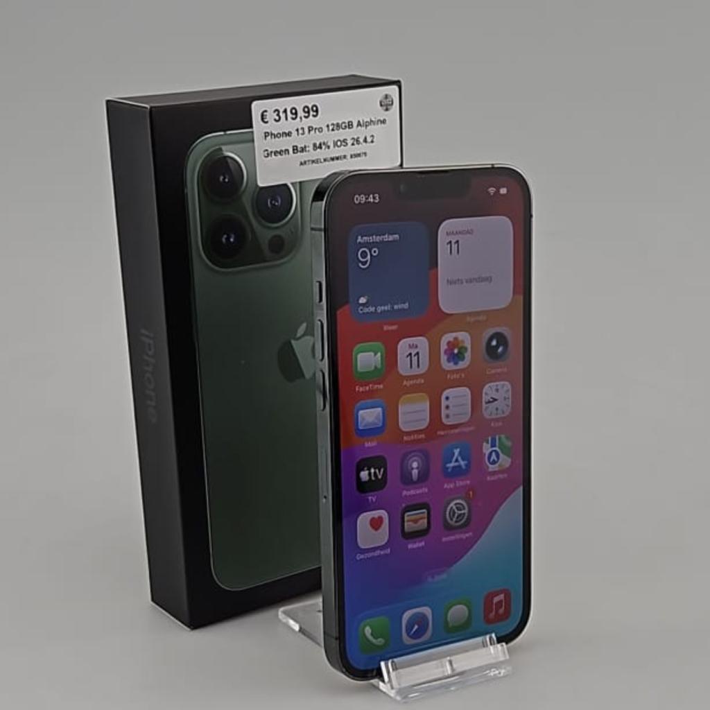iPhone 13 Pro 128GB Alphine Green Bat: 84% IOS 26.4.2, Apple, Gebruikt, Support@apple.com, One Apple Park Way
Cupertino, CA 95014
United States