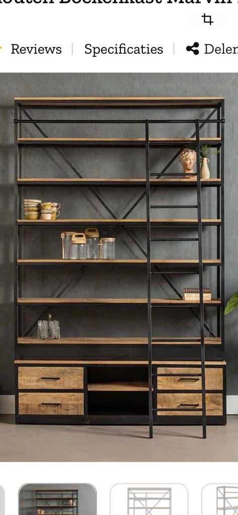 Industriële Boekenkast met Ladder - Zwart/Hout, Ophalen, Gebruikt, 200 cm of meer, 150 tot 200 cm