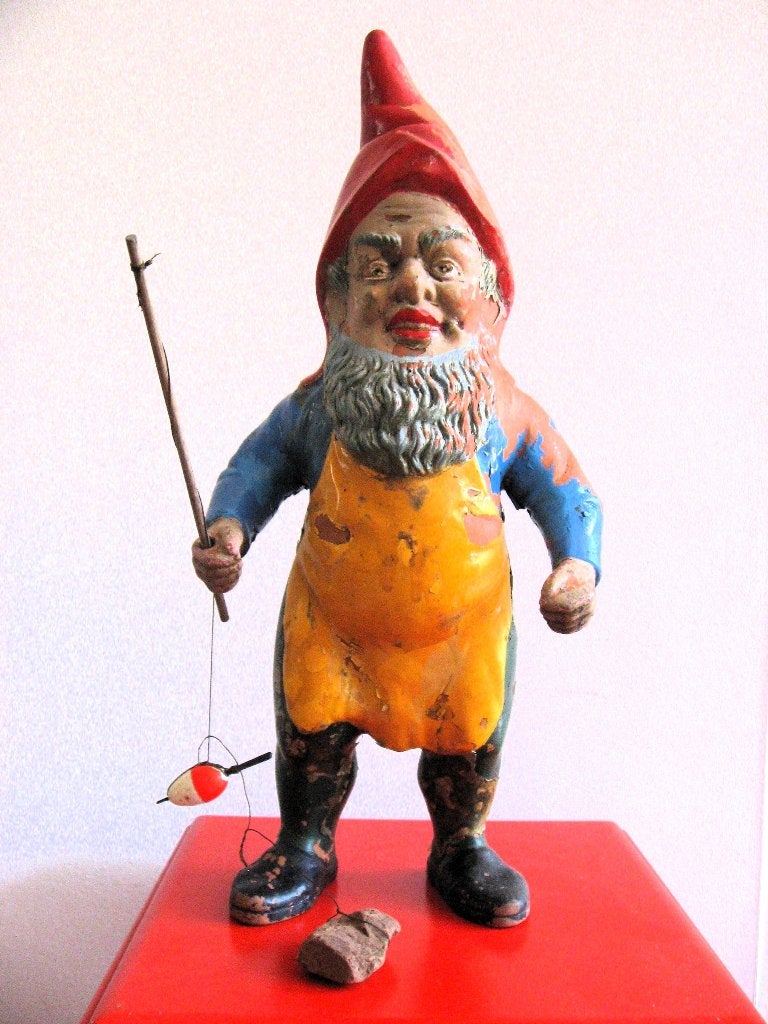 Antieke vissende tuinkabouter, terracotta aardewerk jaren 30, Ophalen of Verzenden, Gebruikt, Steen, Tuinkabouter