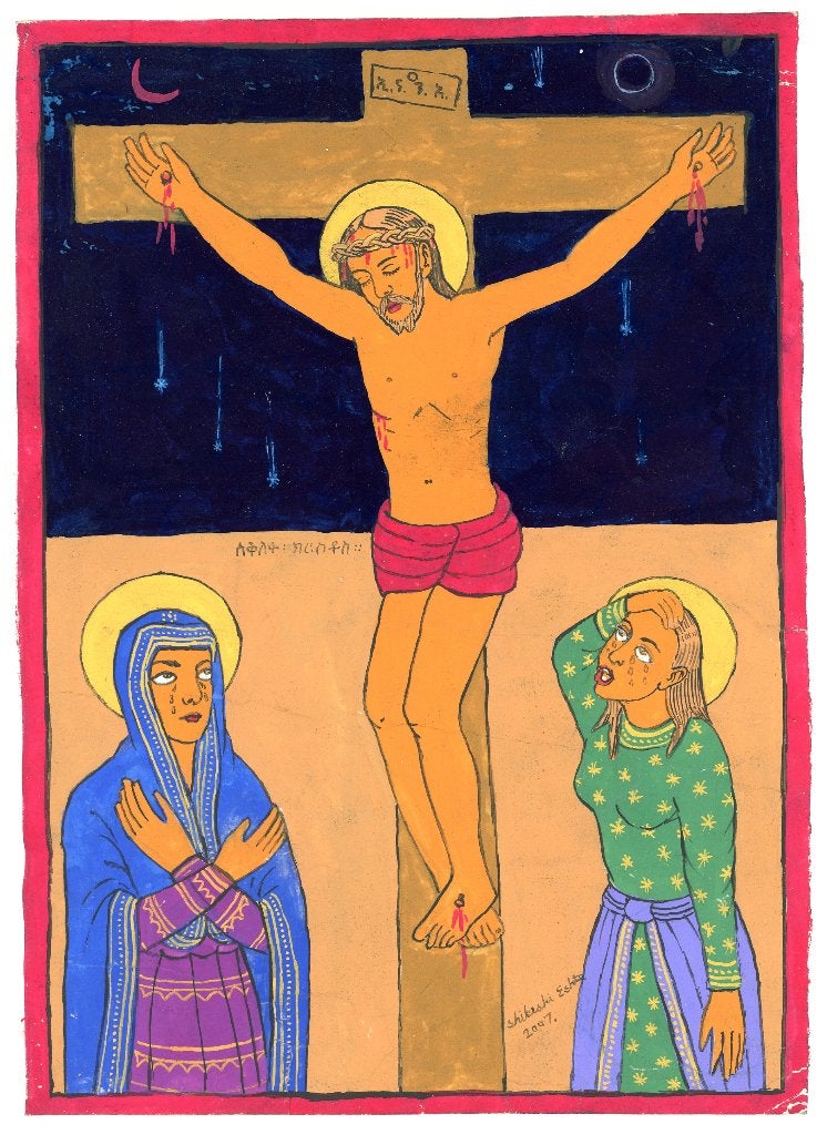 Ethiopisch Schilderij op Perkament – Shibeshi Eshete (2007), Ophalen of Verzenden, Gebruikt, Kaart of Prent, Christendom | Katholiek