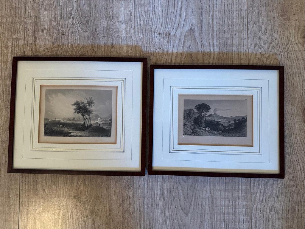 Set van 2 originele 19e-eeuwse staalgravures Palermo-Napels, Ingelijst, 31 cm, 1800 - 1899, Ophalen of Verzenden