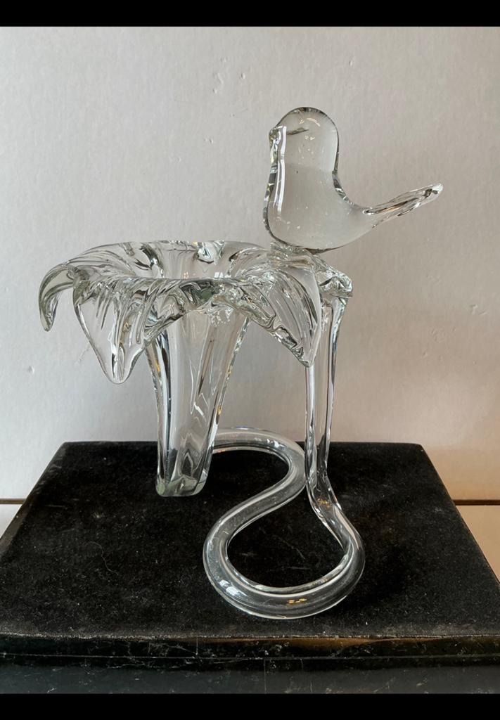 Bijzonder leuk doorzichtig glas object, soort vaasje + vogel, Ophalen of Verzenden