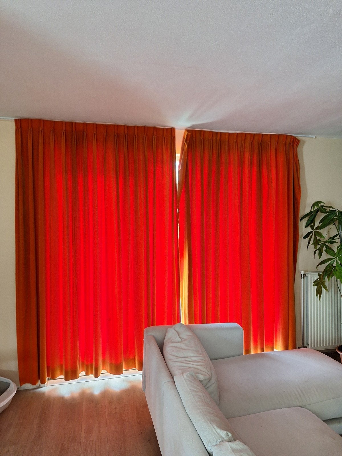 Oranje velours gordijnen, gevoerd, h 254 cm b 320 cm, Ophalen, Gebruikt