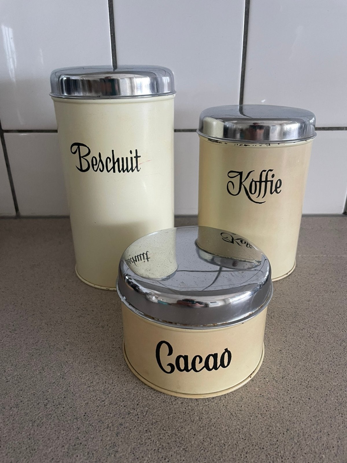 Mooie cacao, koffie en beschuit blikken Brabantia roomwit, Ophalen of Verzenden, Zo goed als nieuw, Overige