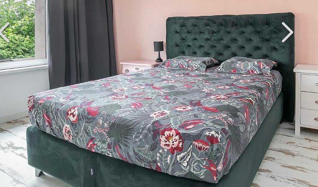 Karlsson boxspring groen flueel 160*200cm z.g.a.n., Ophalen, Tweepersoons, Zo goed als nieuw, 200 cm