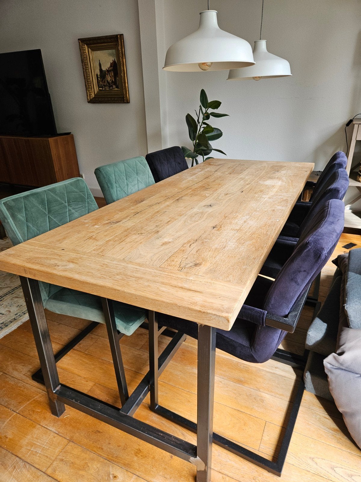 Industriële eettafel 200x80 + 6 velvet stoelen, Ophalen, Gebruikt, 50 tot 100 cm, Vijf personen of meer