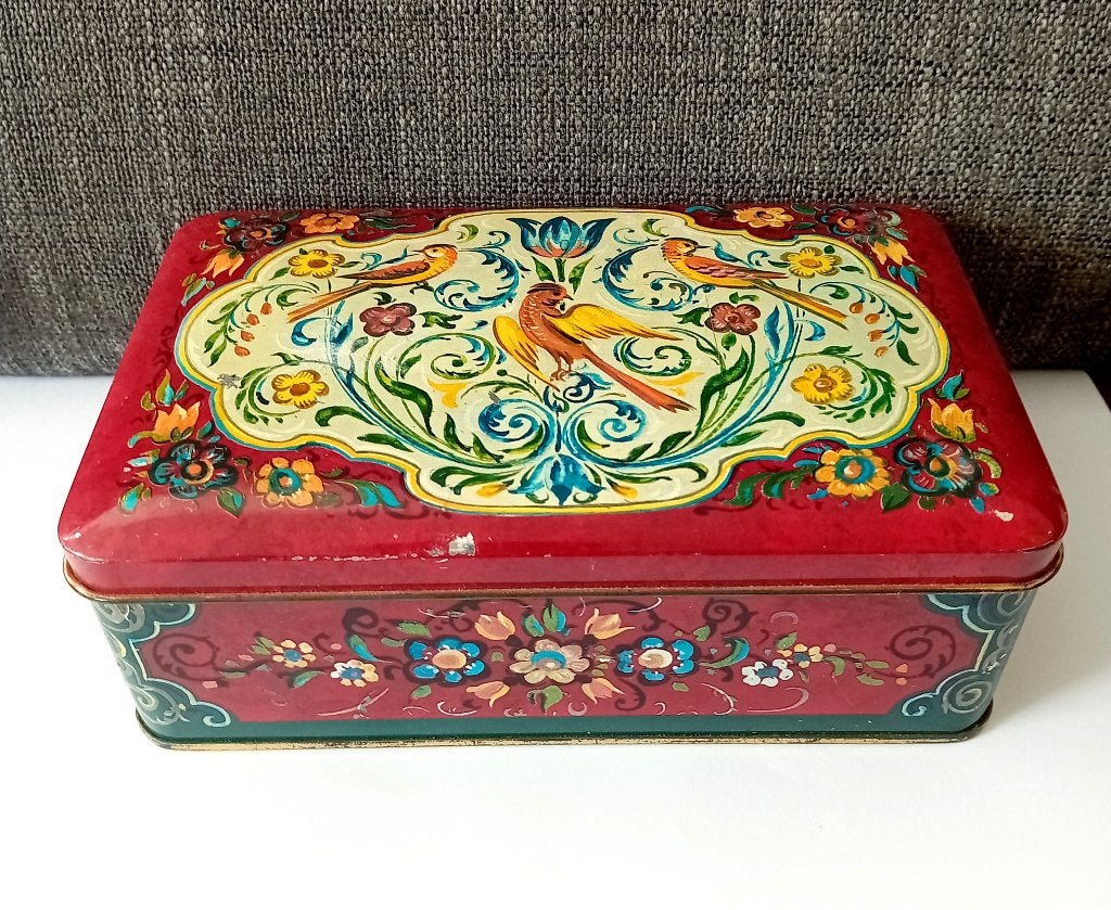 vintage blik volkloristische motieven en vogels, Verzamelen, Verzenden, Gebruikt, Overige