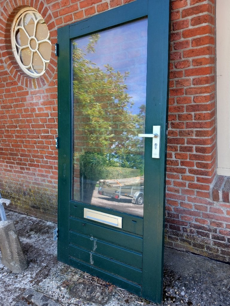 Groene deur met glas en twee ramen, Ophalen, Gebruikt, 80 tot 100 cm, Minder dan 200 cm