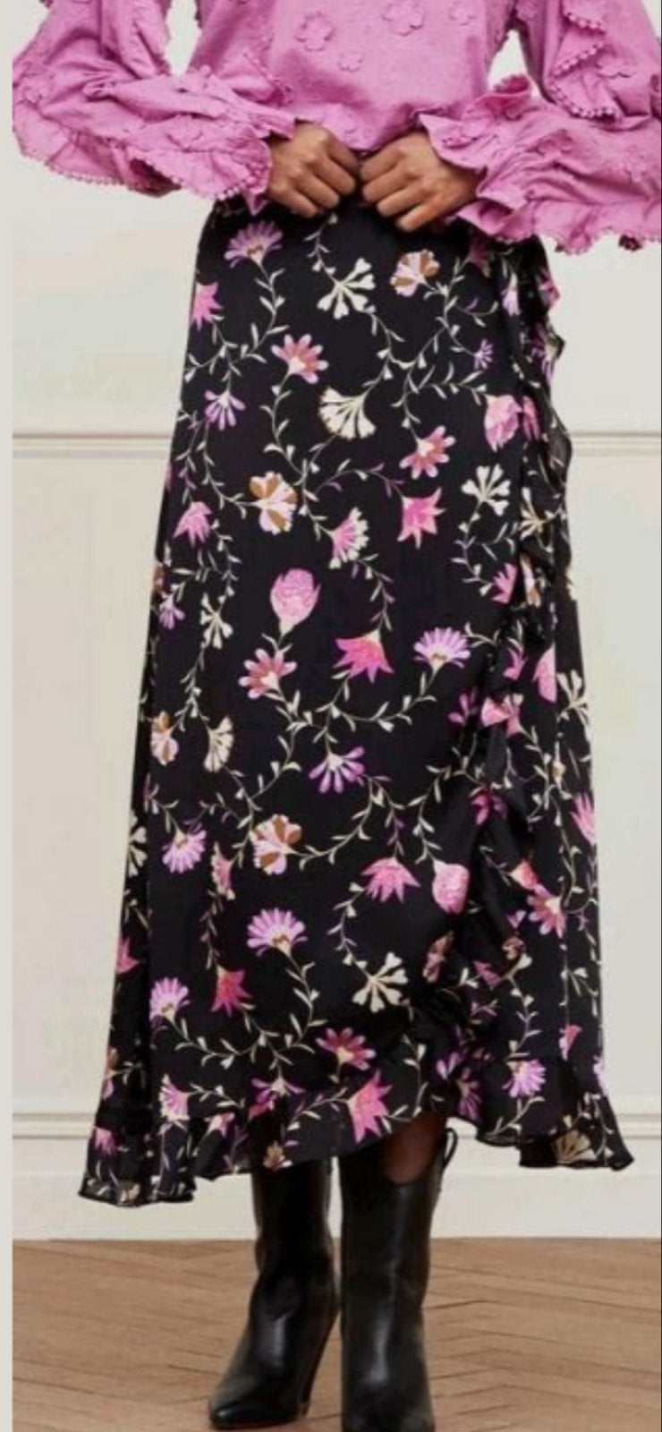 Fabienne Chapot 36/38 Zwarte overslagrok met bloemenprint, Zwart, Ophalen of Verzenden, Zo goed als nieuw, Maat 36 (S)